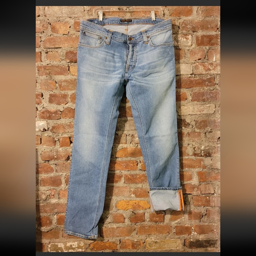 NUDIE CUSTOM FRENCH SEAMED ORGANIC STONE WASHED DENIM JEANS 36 34